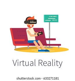 Vector illustration of Man Sitting On Sofa At Home Wearing Virtual Reality Headset. VR Vector Poster. - stock vector