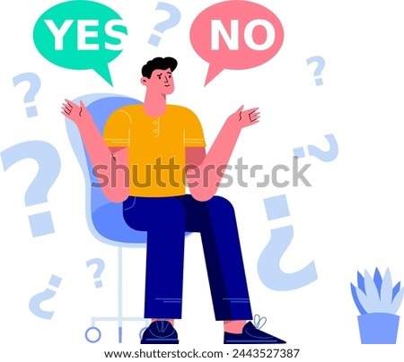 Vector Illustration Of A Man Sitting On A Chair Confused Whether To Choose Yes Or No