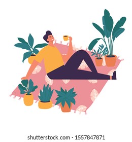 Vector illustration man sitting and resting on the carpet with coffee cup. Cozy interior with homeplants