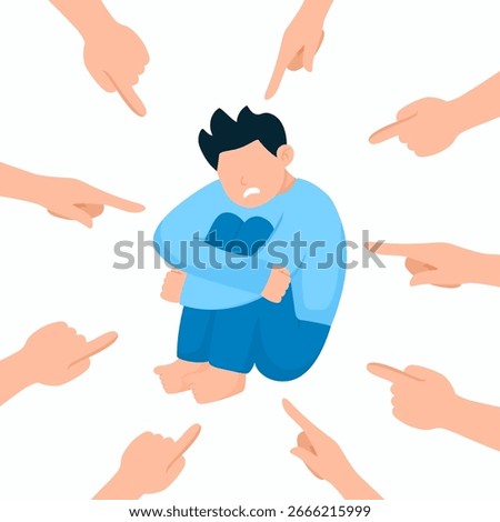 vector illustration of a man sitting surrounded by fingers pointing at him, illustration of the concept of social accusation, bullying, and victim blaming