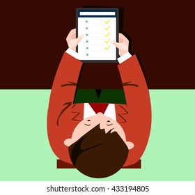 vector illustration of a man sitting at the table, looking and flipping through the app on the tablet. To work at a Desk, reading news on tablet