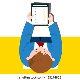 vector illustration of a man sitting at the table, looking and flipping through the app on the tablet. To work at a Desk, reading news on tablet