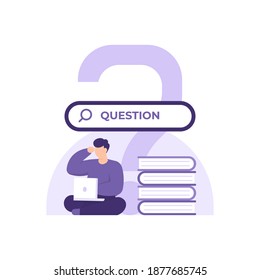 vector illustration of a man sitting, working on his laptop and confused. concept Frequently asked questions or FAQs, question marks around people, online support center, looking for answers. 
