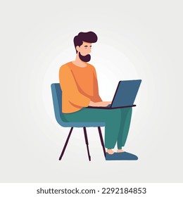 vector illustration, man sitting working with laptop on his lap