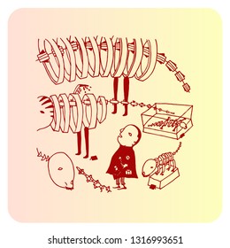 Vector illustration of a man and skeletons