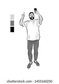 Vector illustration of a man.
A sketch of the standing figure of a man.A sketch of the standing figure of a man. A man with his hands up and a telephone.