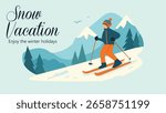 Vector illustration of a man skiing down a snowy mountain with pine trees in the background. Perfect for promoting winter holidays, snow vacations, and adventure travel themes.