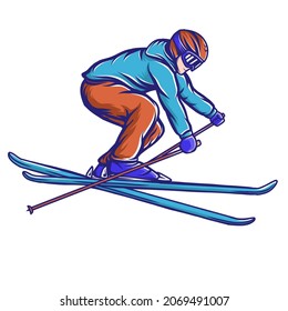 Vector illustration of a man skiing in the mountain, jump style. Young man skiing in the snow. Snow boarding.