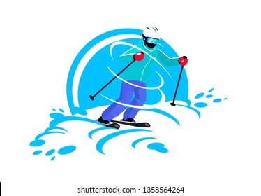 Vector illustration of a man skiing, riding in snowy mountains