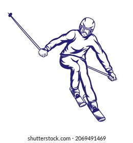 Vector illustration of a man Skiing or snow boarding in the mountain. hand drawn style. Young man skiing in the snow, winter. Vector line art.