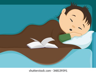 Vector illustration. Man sleeping after reading a book
