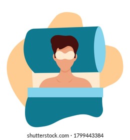 Vector illustration of a man sleeping in bed with a mask on his eyes. Illustration for infographic about sleep, article about healthy sleep, store of health products, orthopedic pillows, mattresses
