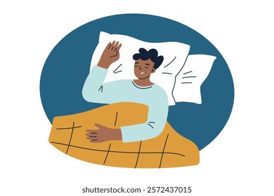 Vector illustration of man sleeping in bed under yellow blanket, resting on white pillows, flat cartoon style. Cozy sleep, relaxation, bedtime, and healthy lifestyle concept, isolated colored clipart