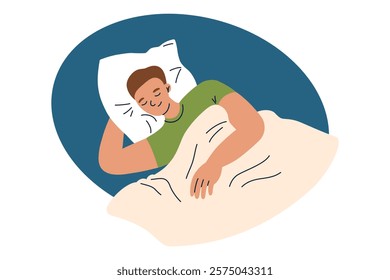 Vector illustration of man sleeping in bed, cartoon character lying under blanket on pillow. Flat scene for themes of sleep, relaxation, bedtime, rest, and healthy lifestyle, isolated colored clipart