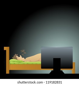 Vector illustration of a man sleeping with his computer still on.