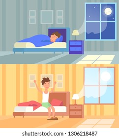 Vector illustration of man sleeping at night and waking up morning. Sleep in comfy bed concept, good morning, start of the day, wake up. Cartoon flat design concept of sleeping and waking up.