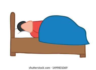 Vector illustration man sleeping on bed. Hand drawn. Colored outlines.