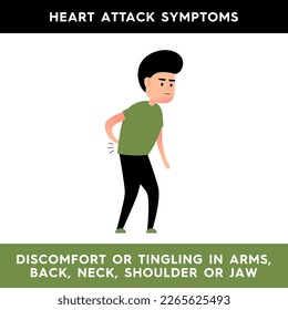 Vector illustration of a man slightly bent over from back pain. The person has symptoms of a heart attack. Tingling in the arms, back, neck, shoulder, or jaw. Illustration for medical articles, poster
