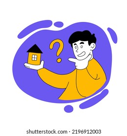 Ilustración vectorial del hombre con una casa pequeña. Contrato de alquiler, alquiler, inmueble, compra, compra, alojamiento en casa, apartamento, signo de interrogación. Concepto de negocio. Estilo de plano EPS10