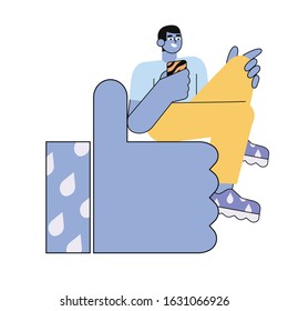 Vector illustration of a man with smartphone who is chatting with his friends and sitting on a like or thumb up button or icon. Concept of follow and like us, social media feedback, advertising, smm.