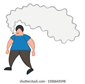 Vector illustration man smoking cigarette and walking. Hand drawn. Colored outlines.