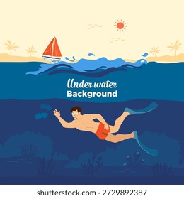 Ilustração vetorial de um homem mergulhando em férias de verão com um oceano azul com um barco, sol e fundo natural subaquático