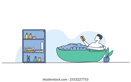 Vector illustration of a man is soaking in a bathtub. Modern flat in continuous line style.