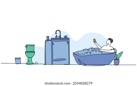Vector illustration of a man is soaking in a bathtub. Modern flat in continuous line style.