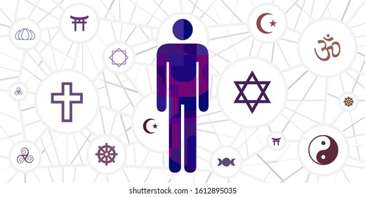 vector illustration of man with spiritual psychological resources symbols
