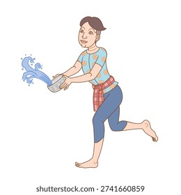 Vector illustration of a man splashing water with water bowl in Songkran festival of Thailand in traditional Thai art style.