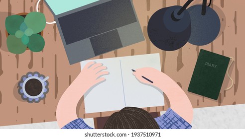  Vector illustration. A man spreading his notebook on the desk and works.