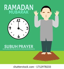 vector illustration, a man stand on prayer rug, muslim , pray at 4 am, this called "subuh salat", or early morning prayer, flat cartoon style
