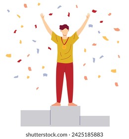 Vector illustration of man stand on the award winners podium and hold the winners cups.