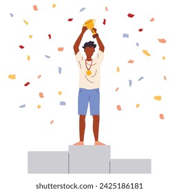 Vector illustration of man stand on the award winners podium and hold the winners cups.