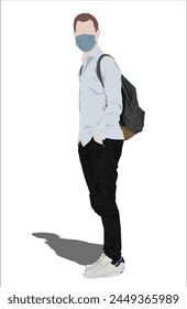 Vector illustration of a man standing with a backpack, wearing a mask. The shadow, main object, and background are on different layers.