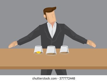 Vector illustration man standing behind table with three inverted glass cup and one has a coin in it. 