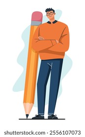 Vector illustration of a man standing beside a large pencil, representing creativity, education, and design.