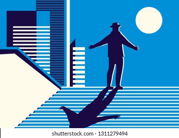 Vector illustration of a man standing by the light of the moon at night and spread his arms to the sides against the background of the night city.