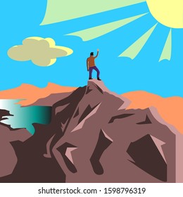Vector illustration of man standing in front of a sun disc on a peak of the mountain