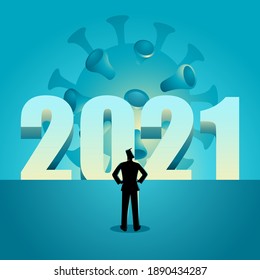 Vector illustration of a man standing in front of the year 2021 with virus lurking behind
