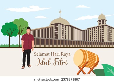 Vector illustration of a man standing in front of the mosque. Ramadan Kareem.
