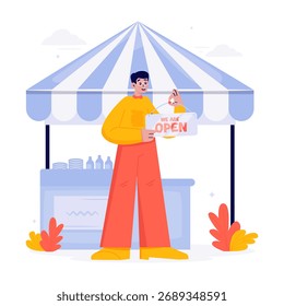 Ilustração vetorial de um homem de pé na frente de sua pequena loja ou barraca de bazar segurando um sinal aberto para promover negócios ou anúncio de abertura.