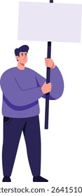 Vector illustration of a man standing and holding a blank protest sign wearing purple clothes, conveying a peaceful demonstration concept in a clean minimalist style. Calm mood.