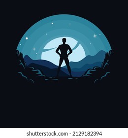 Vector illustration of man standing looking at the moon