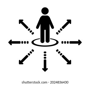 Vector illustration of man standing in the middle with arrow pointing outward person icon on white background.