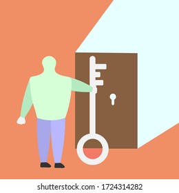 Vector illustration of a man standing near the door with a key in his hands