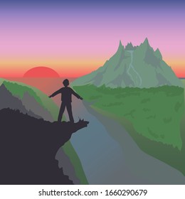 vector illustration of a man standing on a cliff and looking at a mountain, river and forest at sunset