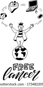Ilustración vectorial de un hombre parado en un globo con letras independientes para publicidad, banner, diseño web, etiqueta, uso digital o impresión. Inscripción manuscrita con dibujo de doodle