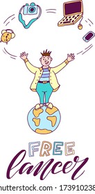 Ilustración vectorial de un hombre parado en un globo con letras independientes para publicidad, banner, diseño web, etiqueta, uso digital o impresión. Inscripción manuscrita con dibujo de doodle