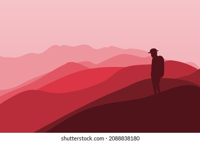 Vector illustration of a man standing on a mountain with a view of a beautiful mountain range. sunrise and sunset in the mountains.